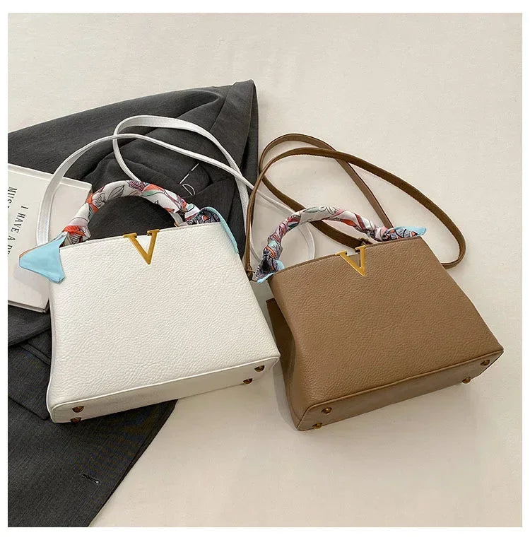 Luxury Ladies Crossbody Bag - Litchi Texture Leather with Silk Scarf