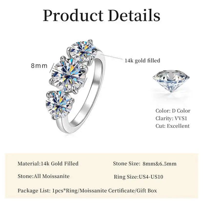 3-Stone Moissanite Engagement Ring - 14K Gold Filled, 8mm & 6.5mm Round Cut