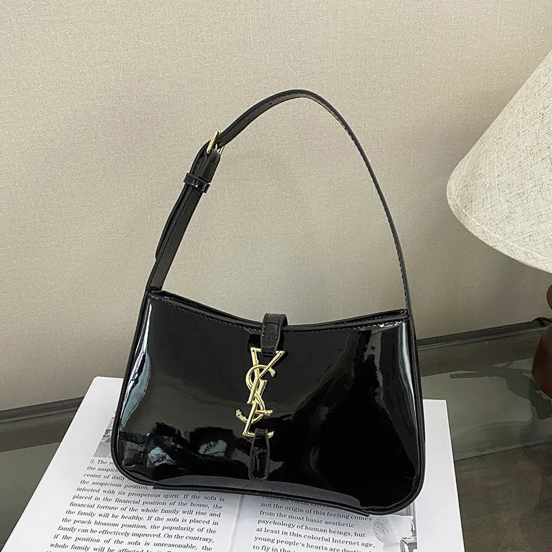 Glossy Leather Underarm Bag, Fashion Shoulder Purse for Women, Versatile Top Handle Tote Chic  Minimalist Crossbody Bag