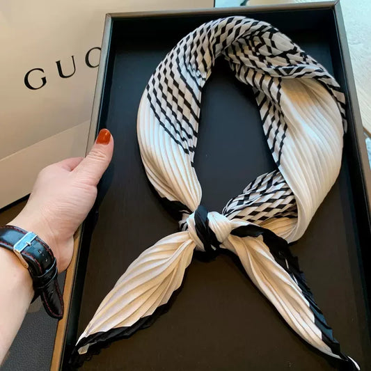 New Floral Print Pleated Silk Scarf Square Neck Scarves Crinkle Hair Bands Scarf Bandana Satin Hijab Head Wraps Neckerchief