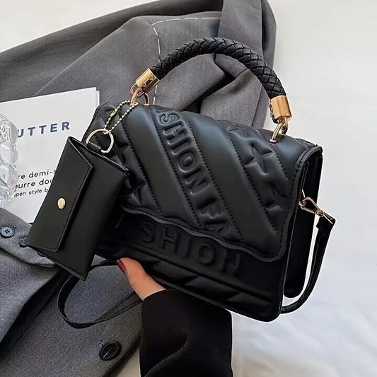 1pc Trendy Quilted Handbag with Adjustable Strap, Stylish Black Shoulder Purse for Women with Mini Coin Pouch, Crossbody Purse