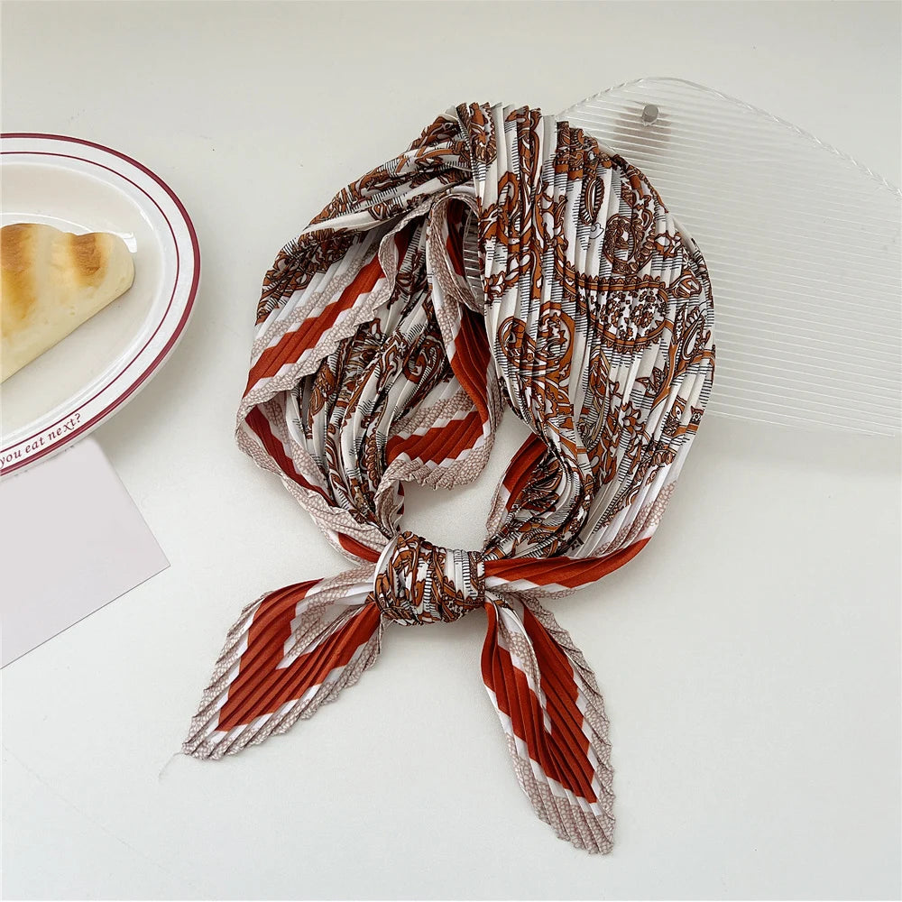 New Floral Print Pleated Silk Scarf Square Neck Scarves Crinkle Hair Bands Scarf Bandana Satin Hijab Head Wraps Neckerchief