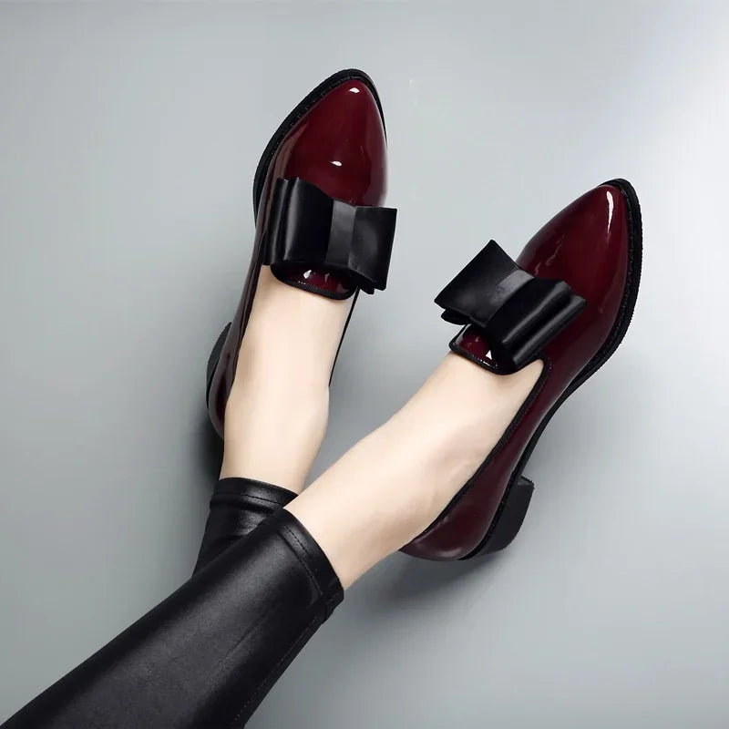 Women's Patent Leather Bow Loafers - Pointed Toe Flat Shoes