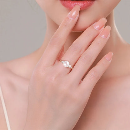 925 Sterling Silver Freshwater Pearl & Zircon Ring | Minimalist Wedding Band for Women