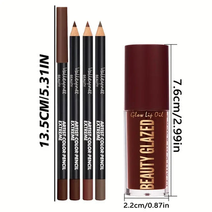4-Piece Lip Kit Set — 3 Lip Liners + 1 Lip Glaze | Waterproof Matte Effect