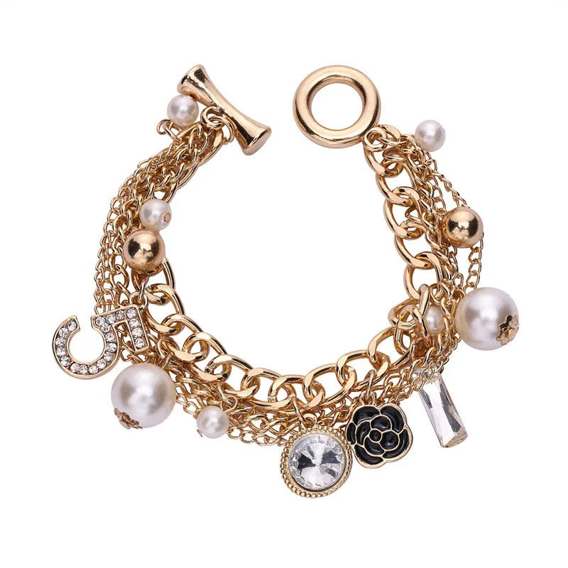Luxury Multi layer Pearl Bracelets Camellia Flower Number 5 Hand Accessories European Popular Metal Hand Chain Bracelet Jewelry
