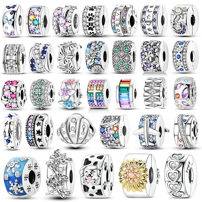 925 Sterling Silver CZ Pave Round Clip Charm - Bracelet Necklace Bead