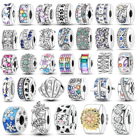 925 Sterling Silver CZ Pave Round Clip Charm - Bracelet Necklace Bead