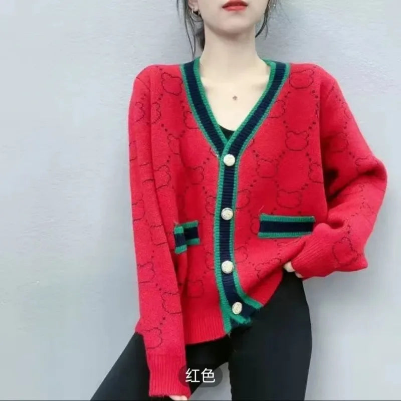 V-Neck Color Block Knitted Cardigan - Spring Autumn 2025