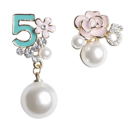 black rose pearl number 5 flower earrings enamel fashion camellia studs