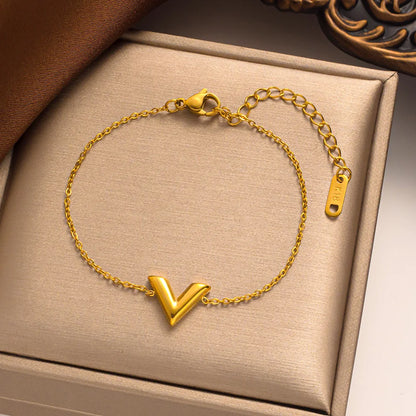 Stainless Steel Letter V Bracelets for Women Gold Color Alphabet Bangle Set Necklace Personality Pendant Design Gift for Friend