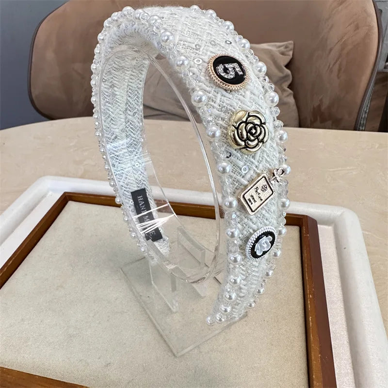 Exquisite Crystal Ball Pearl Number 5 Letter Camellia Headband Women Hair Accessories France Pearl Beaded Hairhoops Headwears