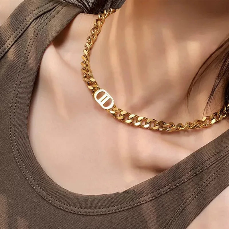 Cocoguchi golden color Thick Letter Titanium Steel Necklace & Bracelet for Women four sealsonal wearage popular fashion jewelry