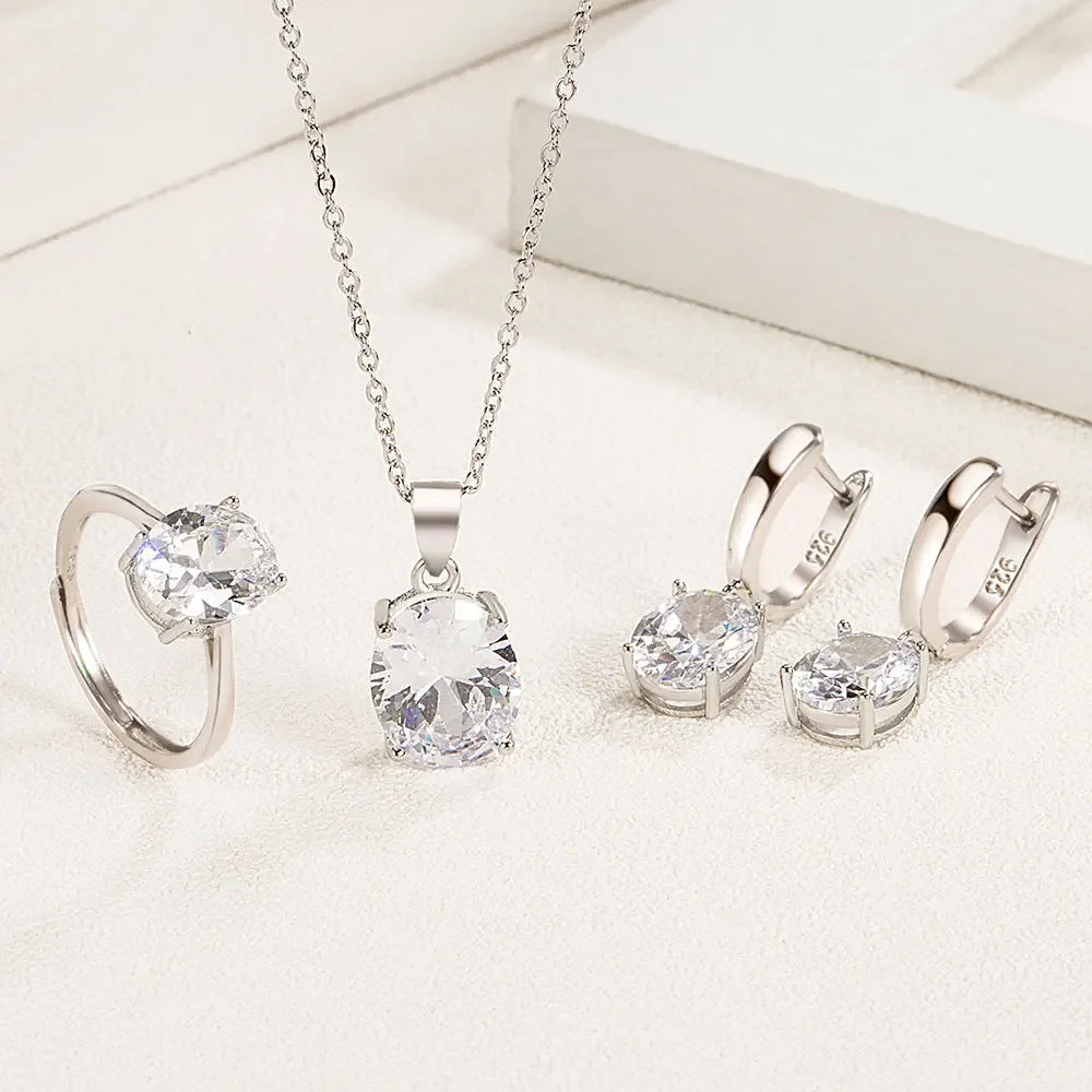 925 Sterling Silver Oval Zircon Jewelry Set | Necklace, Earrings & Adjustable Ring for Women