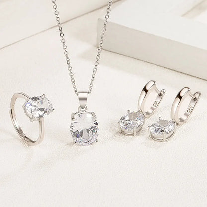 925 Sterling Silver Oval Zircon Jewelry Set | Necklace, Earrings & Adjustable Ring for Women