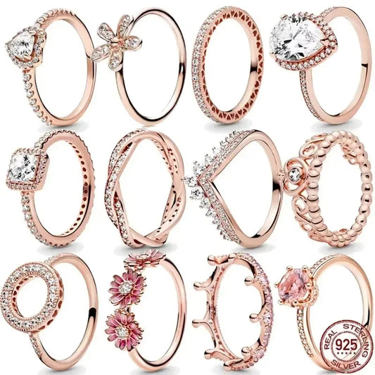 New 925 sterling silver classic rose gold ring, sparkling water droplet crown charm ring, ladies' light luxury exquisite gift