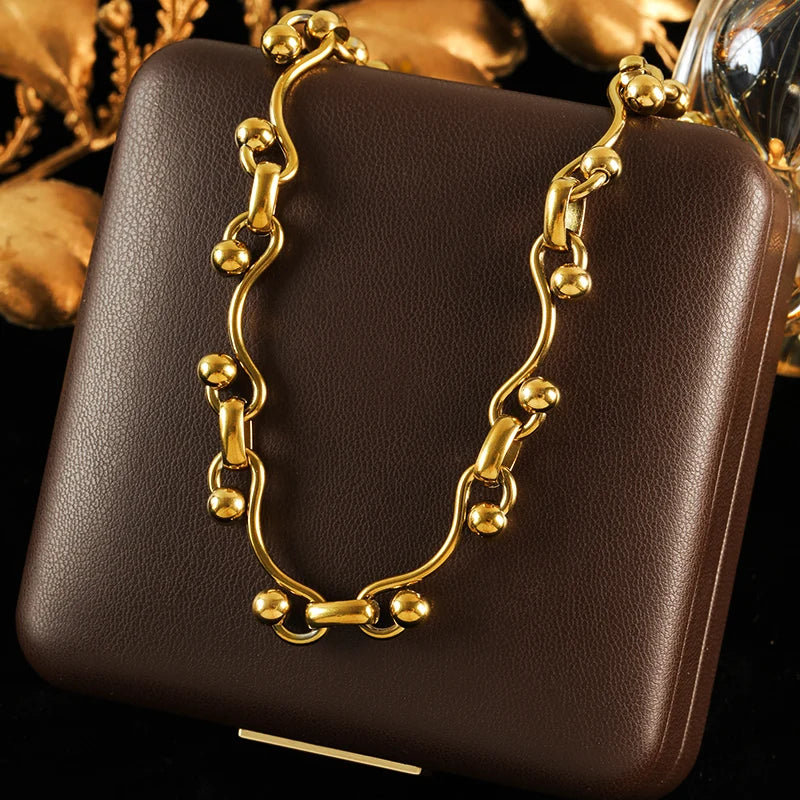 GANEMLY 316L Stainless Steel Metal Gold Color Beads Chain Necklace Bracelet Set For Women Trendy Chains Waterproof Jewelry New