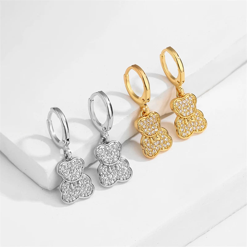 ZAKOL Shiny Zircon Teddy Bear Charm Drop Hoop Earrings for Women Girls Geometric Chinese Style Ear Accessories Jewelry Gift
