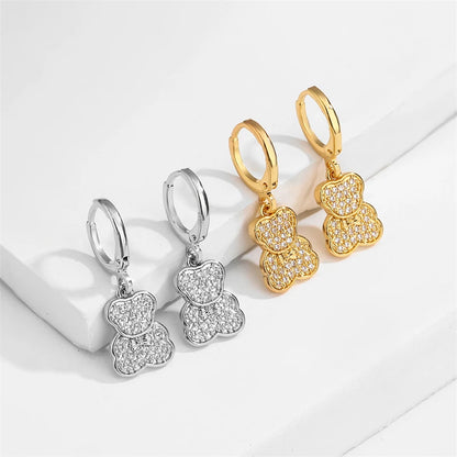 ZAKOL Shiny Zircon Teddy Bear Charm Drop Hoop Earrings for Women Girls Geometric Chinese Style Ear Accessories Jewelry Gift