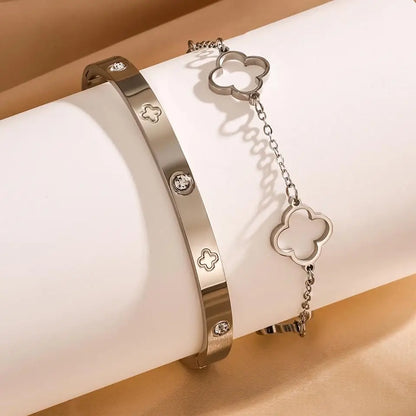 2PCS French Lucky Clover Bracelet Set For Women High Quality Stainless Steel INS Hot Selling Bracelet Charm Feeling Jewelry Gift