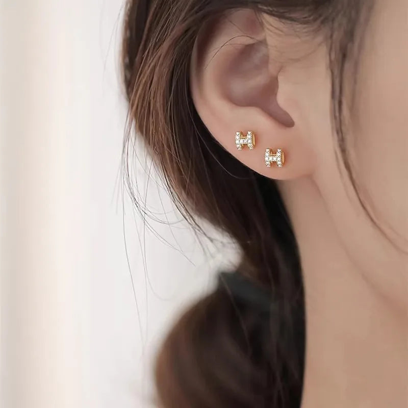 Sterling Silver H-letter Exquisite Earrings Small And Simple Set With Diamond Hollow Earrings Birthday Gift Jewelry