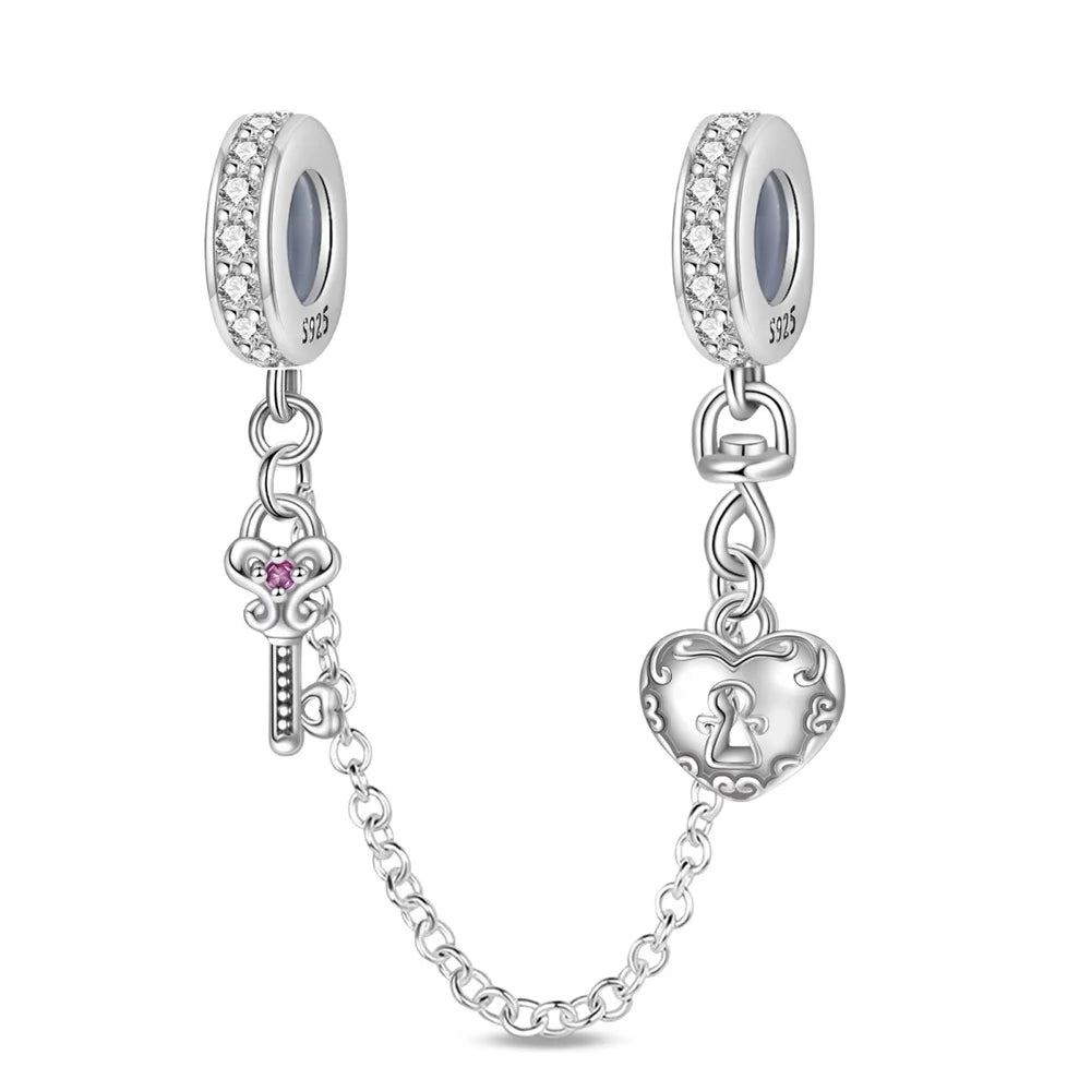 925 Sterling Silver Heart, Infinity & Triple Jewel Safety Chain Charm | Fits Pandora & Most Bracelets
