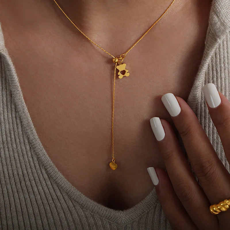 Hollow Bear Pendant Adjustable Necklace For Women 316L Stainless Steel Gold Plated Waterproof Women's Necklaces Girls Neck Chain
