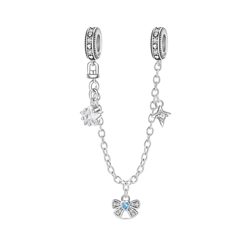 925 Sterling Silver Heart, Infinity & Triple Jewel Safety Chain Charm | Fits Pandora & Most Bracelets