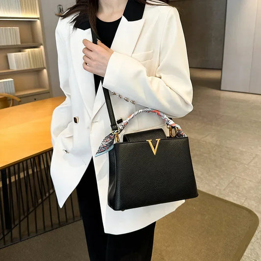 Luxury Ladies Crossbody Bag - Litchi Texture Leather with Silk Scarf