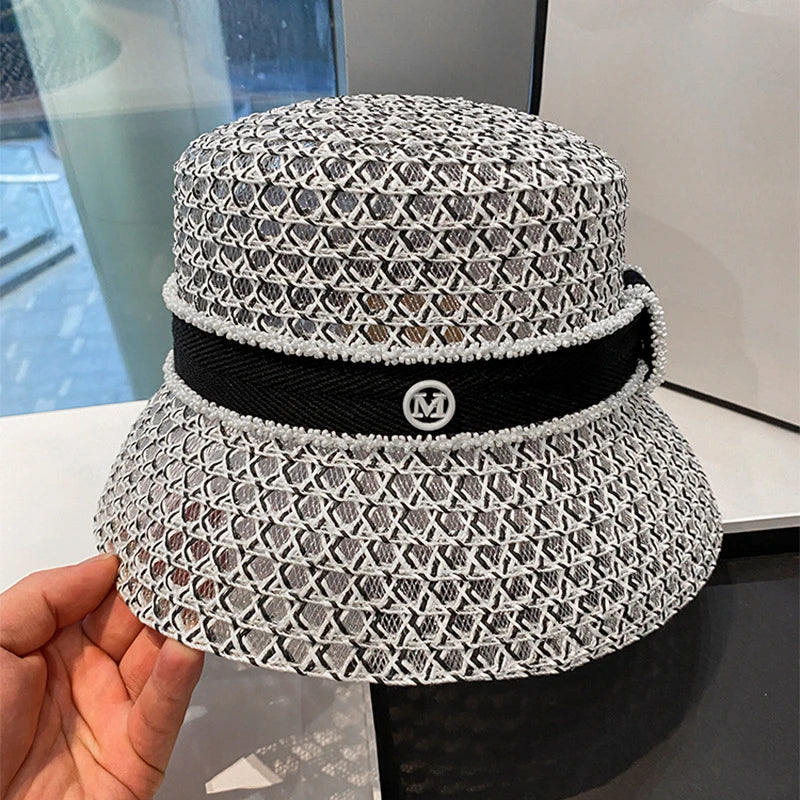 Korean  Breathable Hollow Fisherman Hat, Personalized Basin Hat, Fashionable Diamond Bucket Hat for Women's Summer Outings
