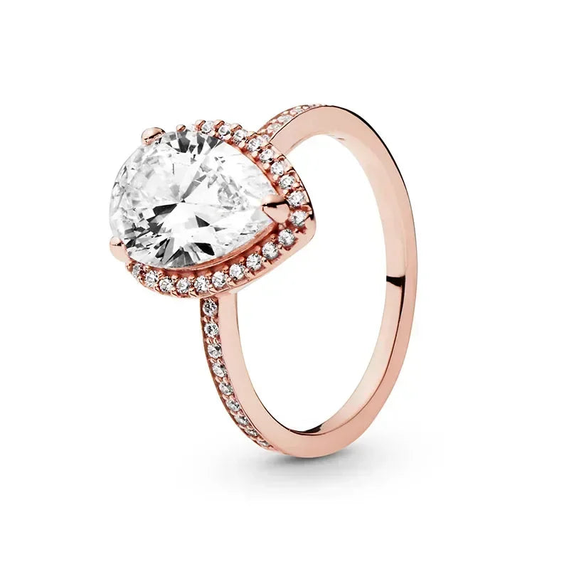 New 925 sterling silver classic rose gold ring, sparkling water droplet crown charm ring, ladies' light luxury exquisite gift