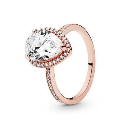 New 925 sterling silver classic rose gold ring, sparkling water droplet crown charm ring, ladies' light luxury exquisite gift