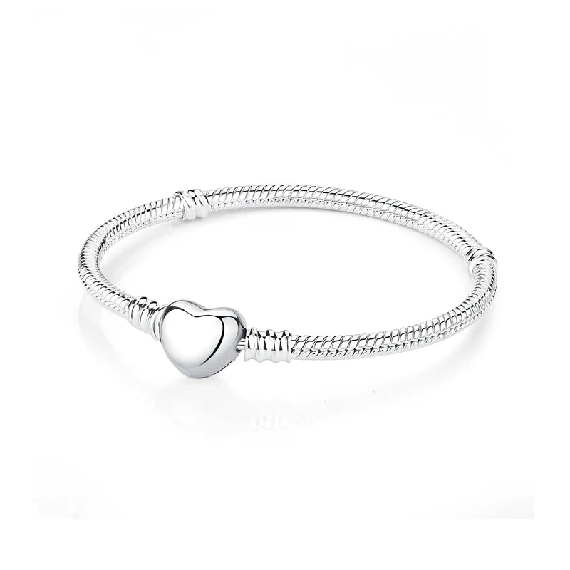 Original Sterling Silver Bracelet Love Heart Clasp Charms Beads Snake Chain Bracelets Bangles Luxury Jewelry For Women Gift