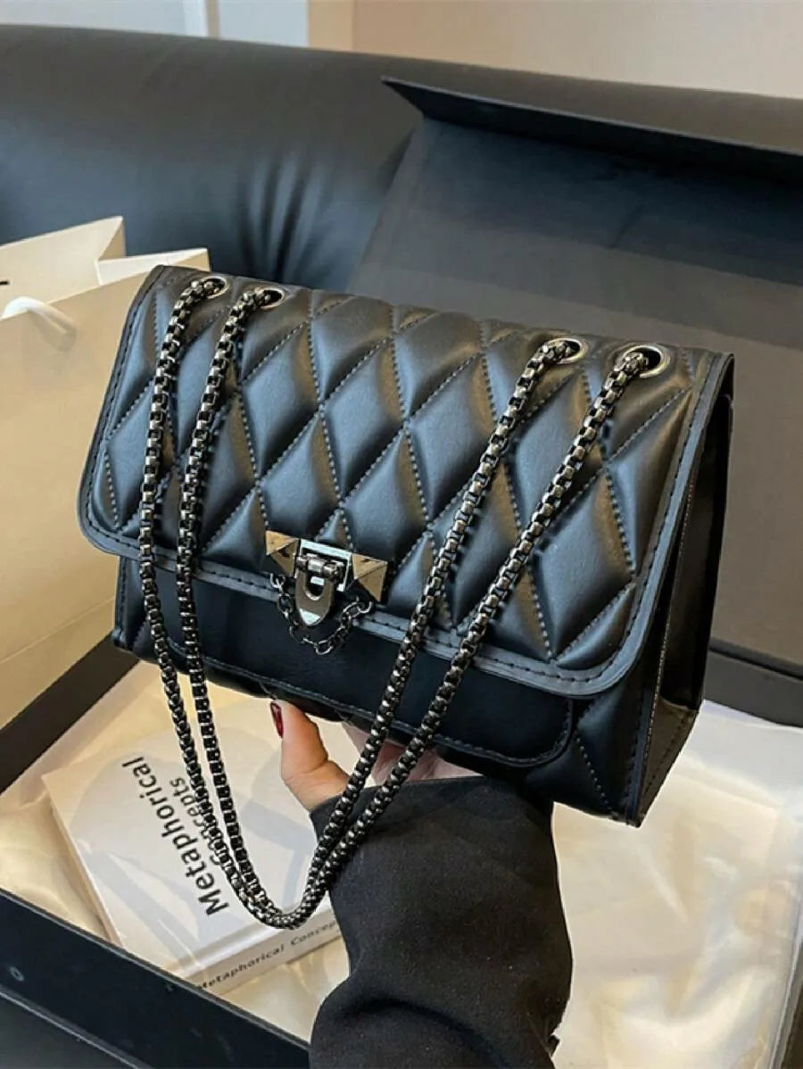 1 simple and stylish diamond grid crossbody bag, metal chain shoulder bag, suitable for women's daily leisure use-A-DH