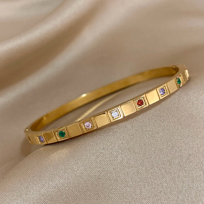 New Inlaid Square Small Colored Zircon Stainless Steel Bangle Bracelet for Women Luxury Gold Plated Cubic Zirconia Bracelets