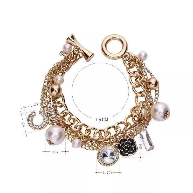 Luxury Multi layer Pearl Bracelets Camellia Flower Number 5 Hand Accessories European Popular Metal Hand Chain Bracelet Jewelry