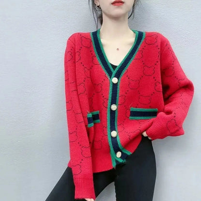 V-Neck Color Block Knitted Cardigan - Spring Autumn 2025