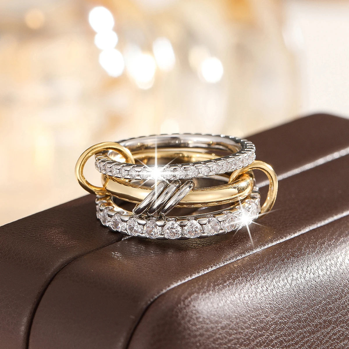 Trendy 4-Piece Stackable Ring Set - Two-Tone 18K Gold Plated Zircon Rings