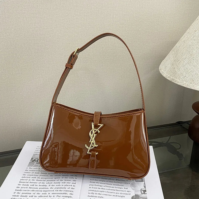 Glossy Leather Underarm Bag, Fashion Shoulder Purse for Women, Versatile Top Handle Tote Chic  Minimalist Crossbody Bag