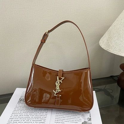 Glossy Leather Underarm Bag, Fashion Shoulder Purse for Women, Versatile Top Handle Tote Chic  Minimalist Crossbody Bag