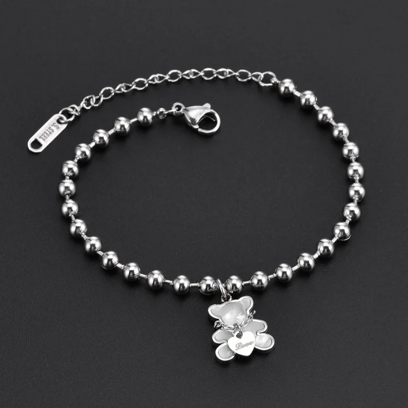 White Shell Cute Little Bear Peach Heart Stainless Steel Jewelry Set Necklace Earrings Bracelet or women