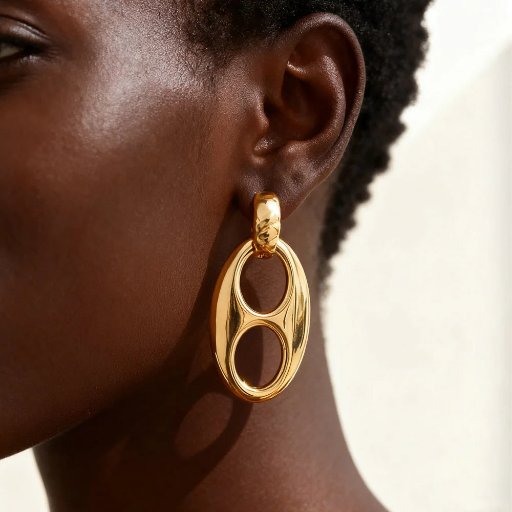 Double Circles Hoop Earrings for Women, Stainless Steel 14K Plated Chunky Oval Earrring, Fashion Geometric Party Jewelry Gift