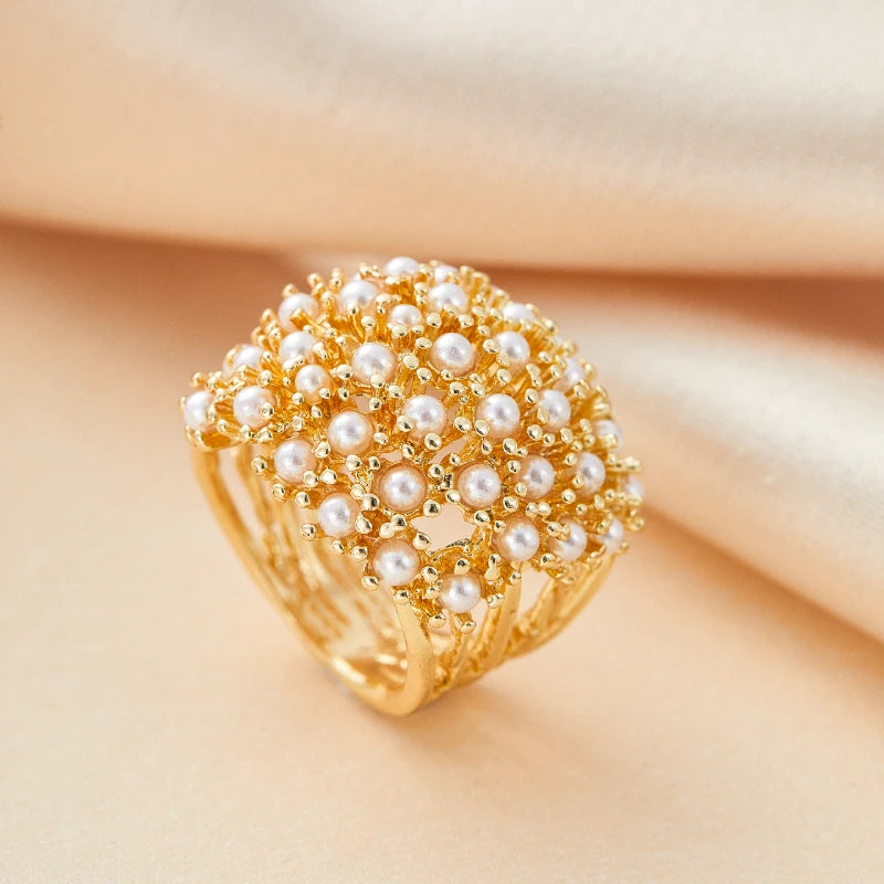 Trendy Hollow Pearl Inlay Ring for Women | Classic Gold Tone