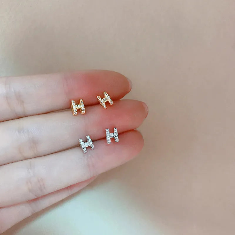 Sterling Silver H-letter Exquisite Earrings Small And Simple Set With Diamond Hollow Earrings Birthday Gift Jewelry