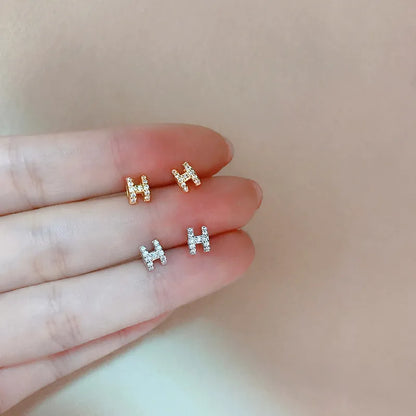 Sterling Silver H-letter Exquisite Earrings Small And Simple Set With Diamond Hollow Earrings Birthday Gift Jewelry