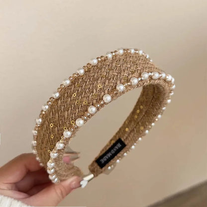 Exquisite Crystal Ball Pearl Number 5 Letter Camellia Headband Women Hair Accessories France Pearl Beaded Hairhoops Headwears