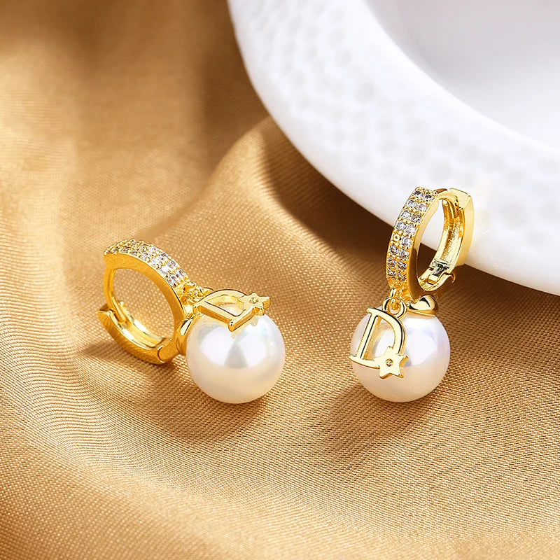 Luxury Pearl Drop Earrings - Designer D Letter Charm Hoop Earrings for Women