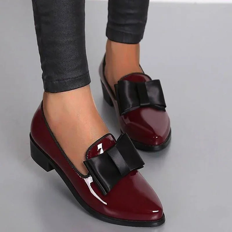 Women's Patent Leather Bow Loafers - Pointed Toe Flat Shoes