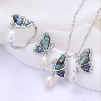 Natural Freshwater Pearl Butterfly & Abalone Shell Jewelry Set | Necklace, Ring & Earrings