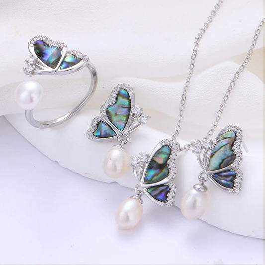 Natural Freshwater Pearl Butterfly & Abalone Shell Jewelry Set | Necklace, Ring & Earrings